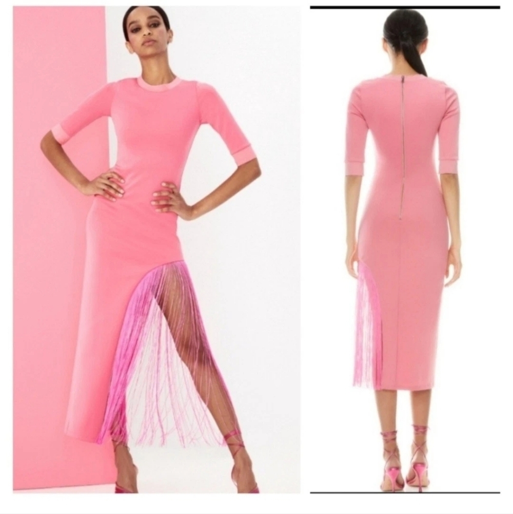 ALICE +OLIVIA ASYMMETRICAL FRINGE MIDI DRESS SIZE 2
